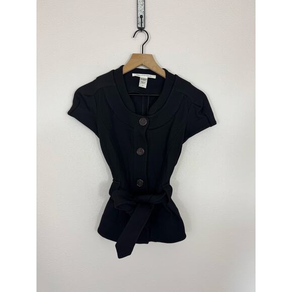 Diane von Furstenberg Travis Black Button Front Belted Blouse Size 6 - Picture 1 of 5
